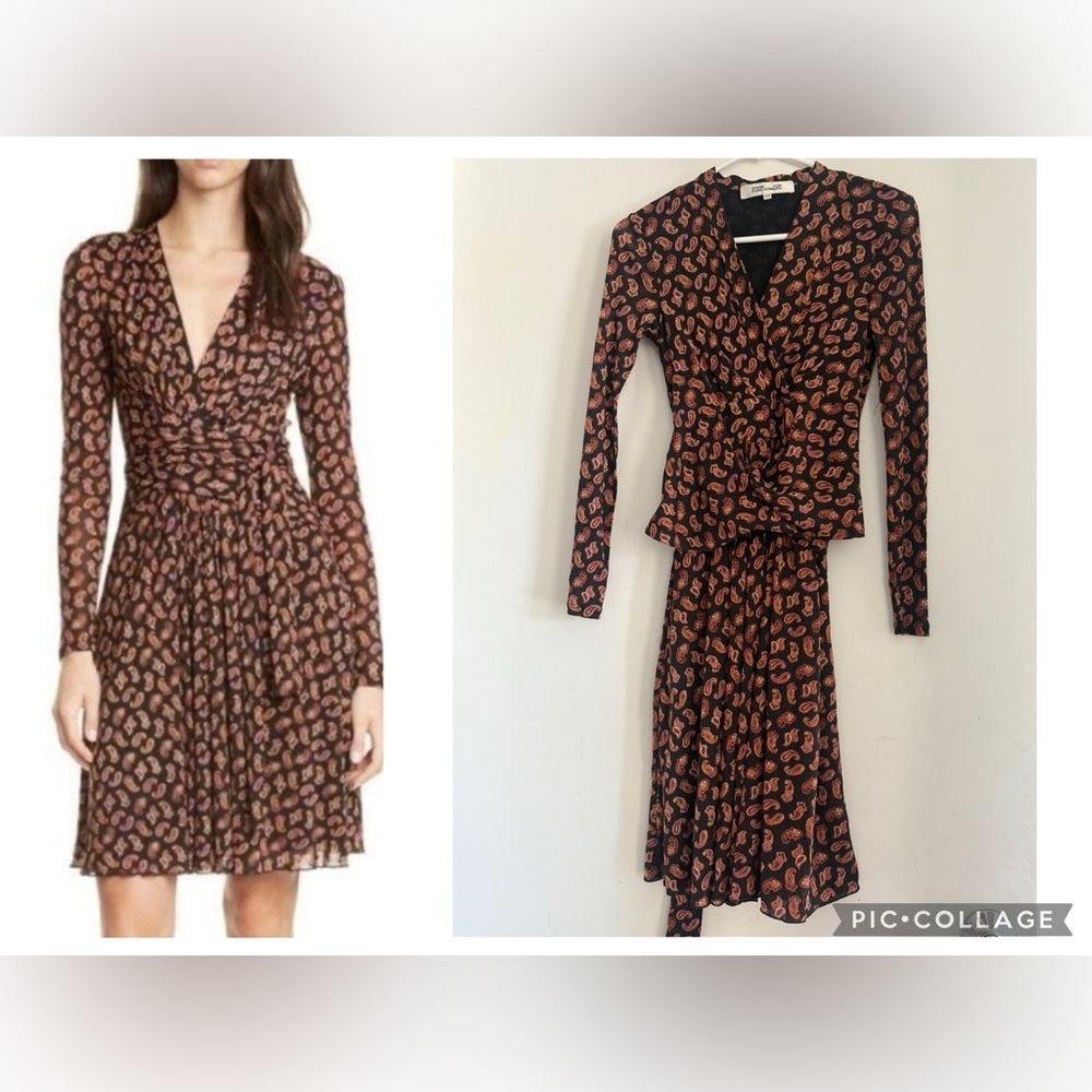 DVF Diane von Furstenberg Brenda Tie Paisley black faux-wrap dress nylon XXS